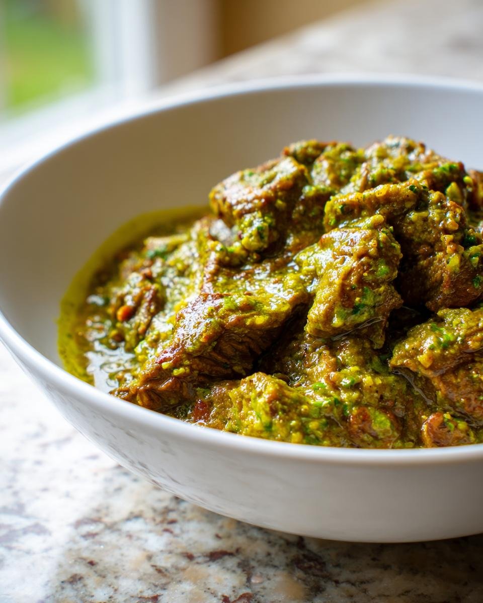 Close-up of tender chunks of pork loin coated in vibrant green chile verde sauce in a white bowl.