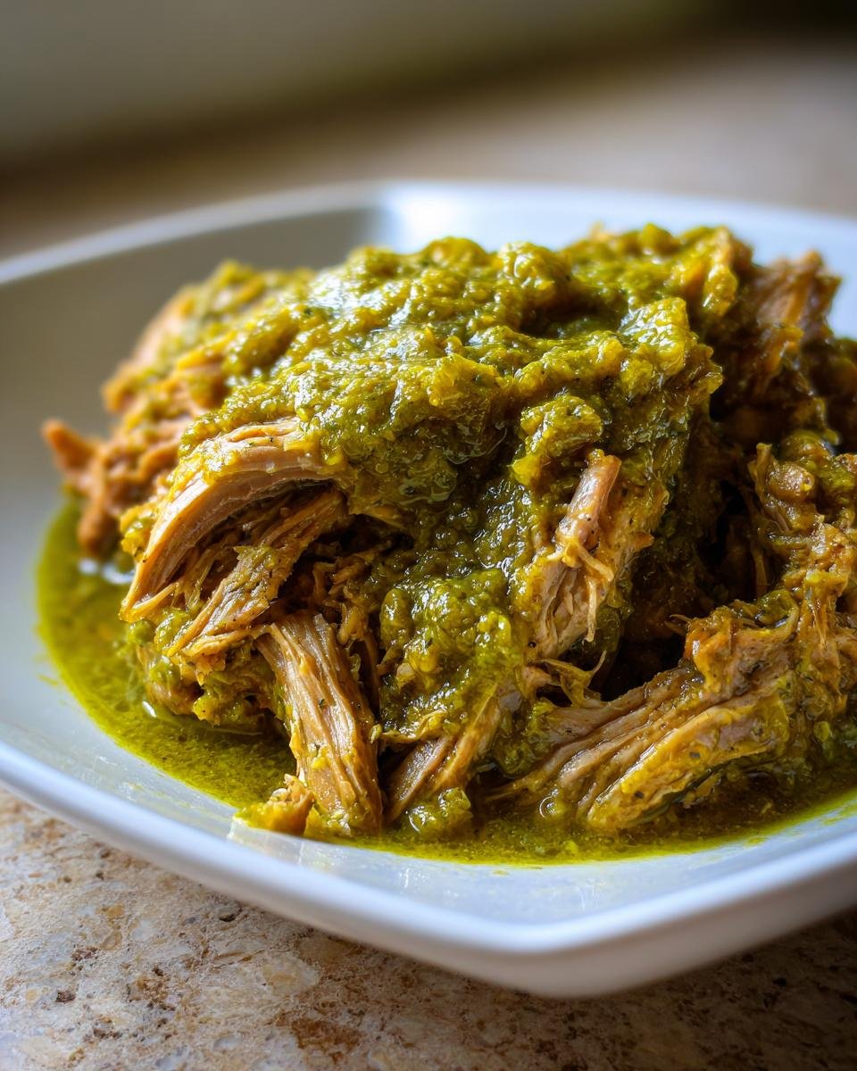 Close-up of tender, shredded pork loin smothered in vibrant green chile sauce from Slow Cooker Pork Loin Chile Verde.