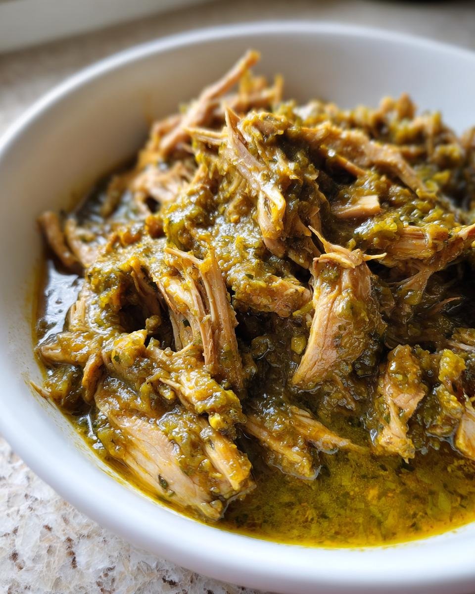 Close-up of tender, shredded pork loin coated in a rich, vibrant green chile verde sauce in a white bowl.