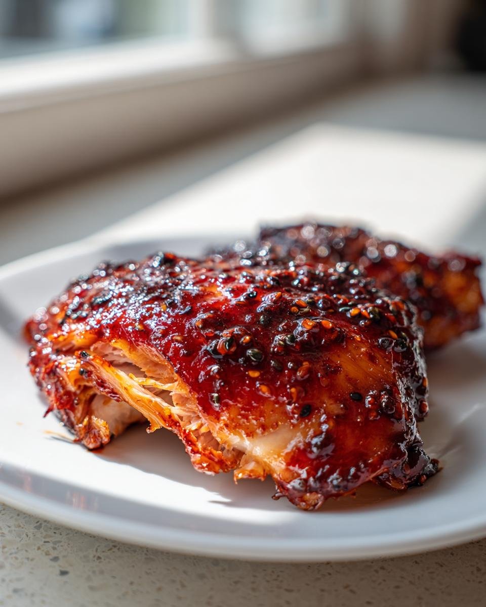Close-up of tender chicken coated in a thick, glossy, dark red Gochujang glaze sprinkled with sesame seeds.