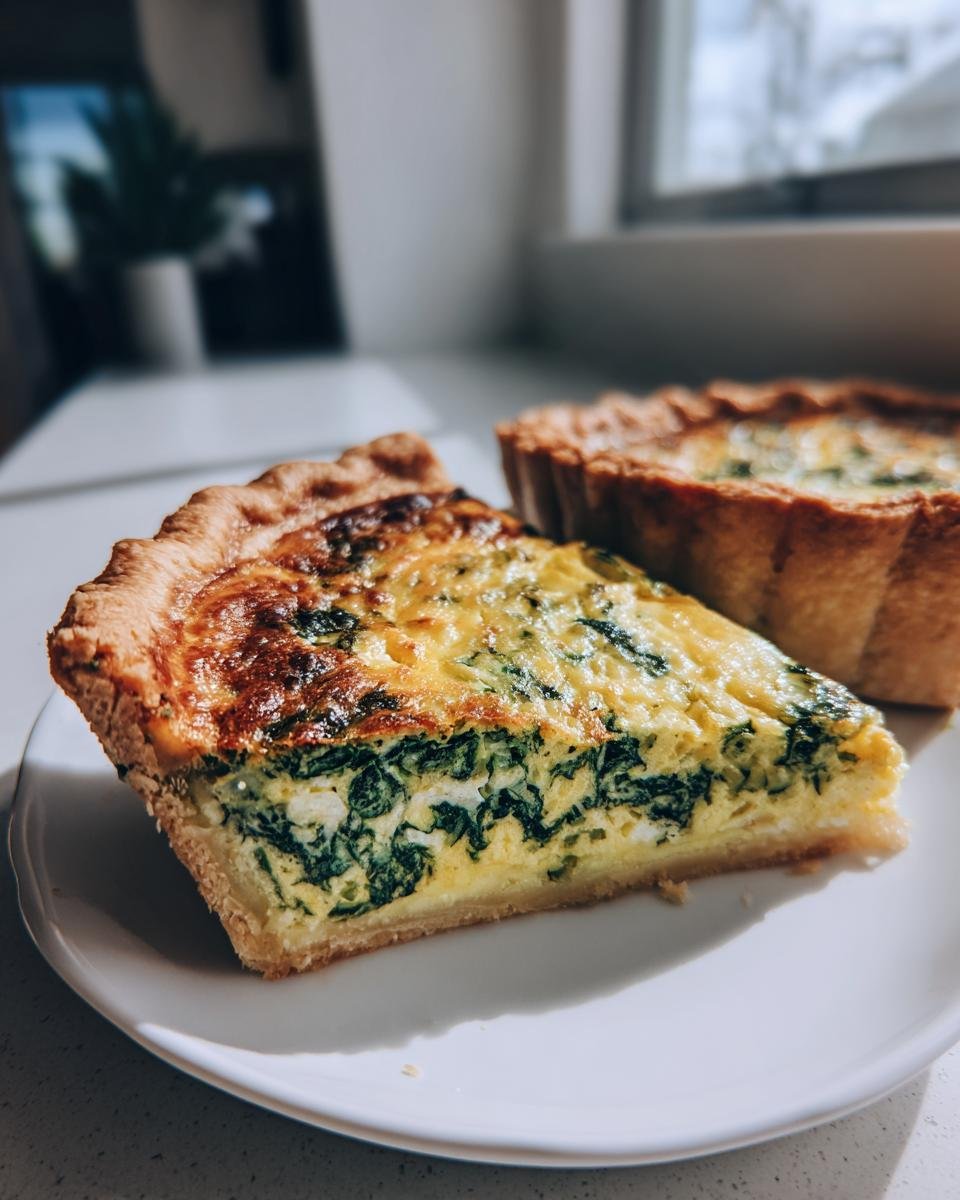 A close-up of a slice of spinach quiche recipe showing the flaky crust and creamy egg filling, with the rest of the quiche in the background.