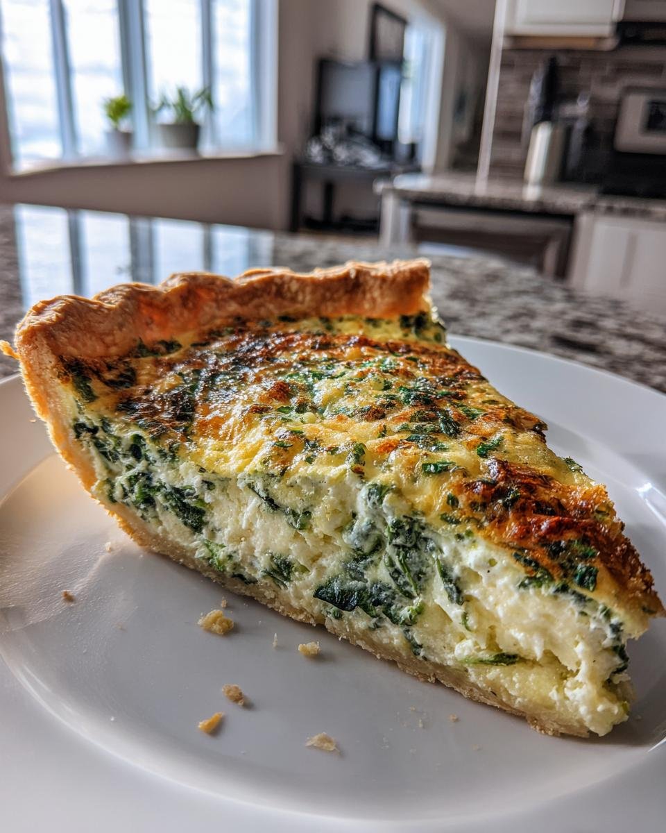 A close-up of a thick slice of spinach and cheese quiche, showcasing the flaky crust and creamy filling.