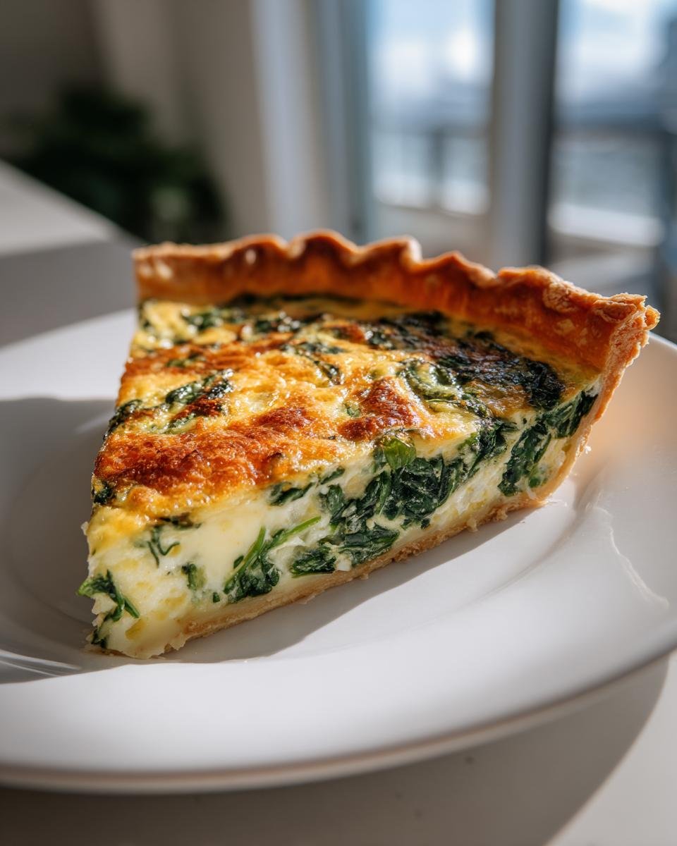A perfect slice of spinach quiche with a golden crust resting on a white plate, showcasing one of the best Quiche Recipes.