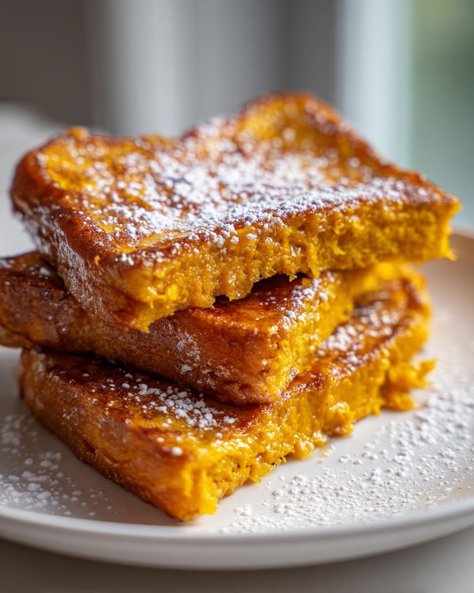 Close-up of a stack of three thick slices of golden Pumpkin French Toast dusted generously with powdered sugar.