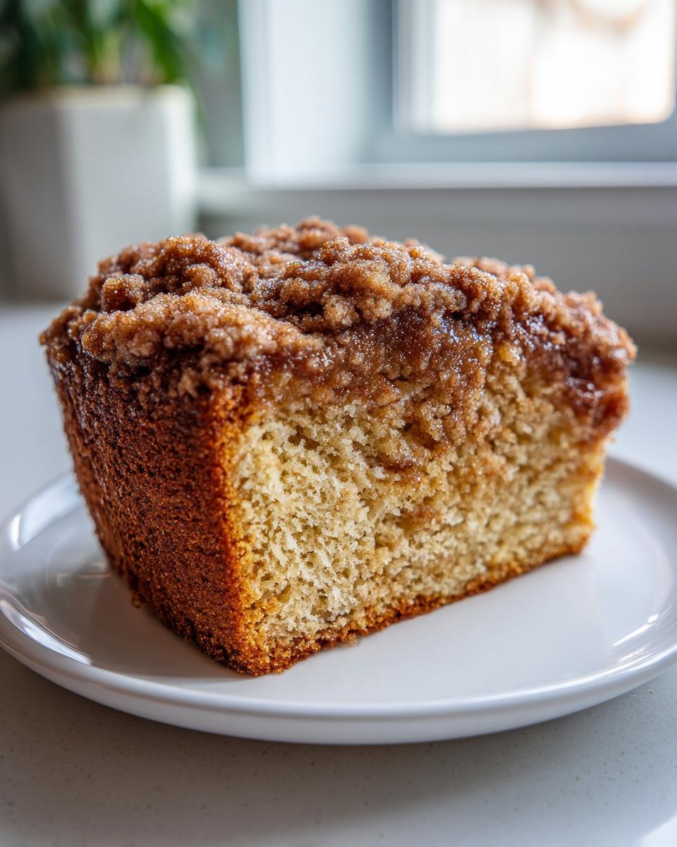 A close-up of a thick slice of Starbucks Coffee Cake featuring a golden crumb topping on a white plate.