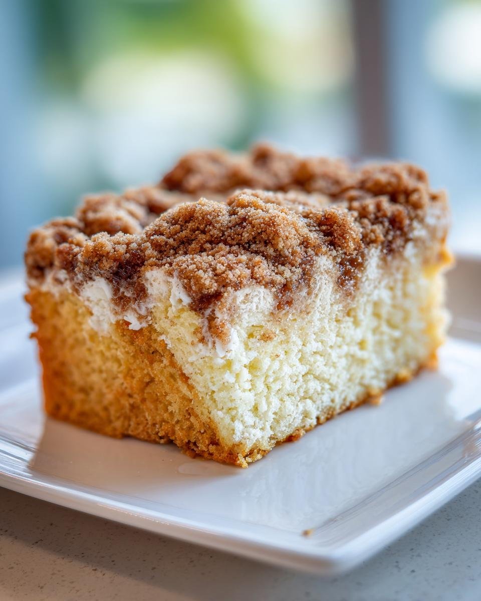 Close-up of a moist slice of Starbucks Coffee Cake featuring a thick cinnamon streusel topping.