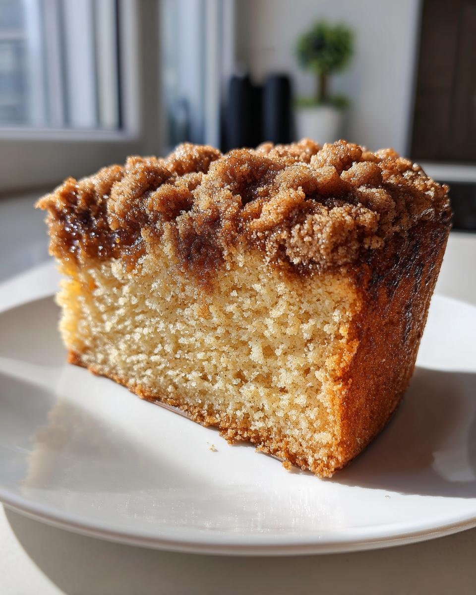 A close-up of a moist slice of Starbucks Coffee Cake featuring a thick, sugary cinnamon crumb topping.