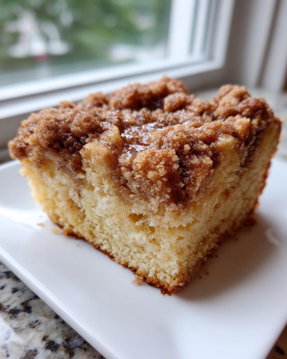 Close-up of a single slice of moist Starbucks Coffee Cake featuring a thick, crumbly cinnamon streusel topping.