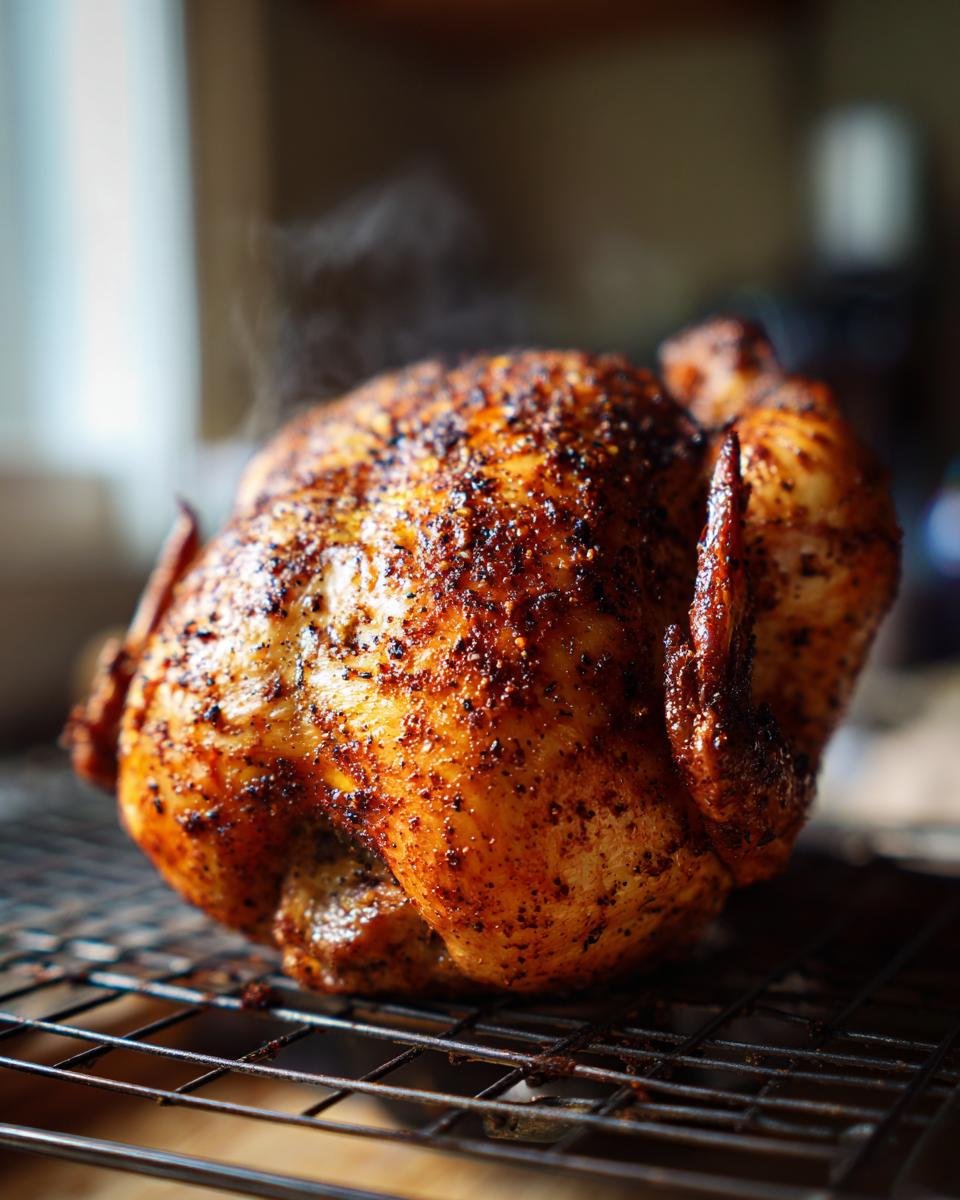 A whole, perfectly roasted Beer Can Chicken resting on a wire rack, showing steam rising from its crispy, seasoned skin.