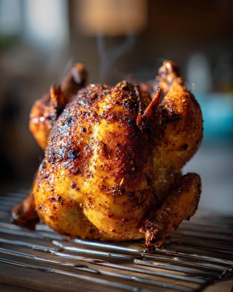 A perfectly cooked, seasoned Beer Can Chicken resting on a cooling rack, showing steam rising from the crispy, golden-brown skin.