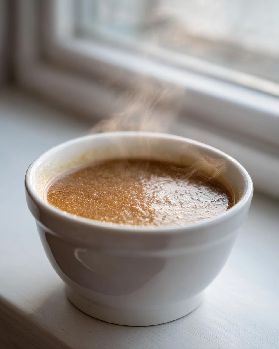 A small white bowl containing a steaming, brown, thick liquid, likely a pudding or sauce made using cornflour recipes.