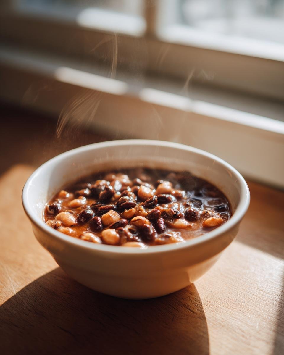A steaming white bowl filled with a rich, dark stew containing hominy and beans, sitting on a sunlit wooden surface.