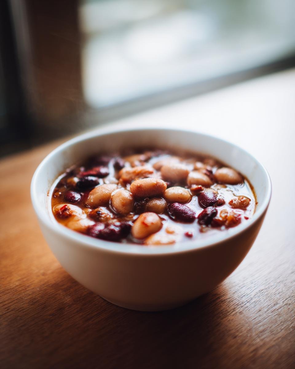 Close-up of a steaming white bowl filled with a rich stew containing various beans, possibly representing one of the Hominy Recipes.