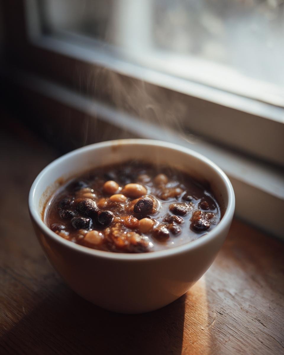 A steaming white bowl filled with a dark, rich hominy recipes stew sits on a wooden surface near a window.