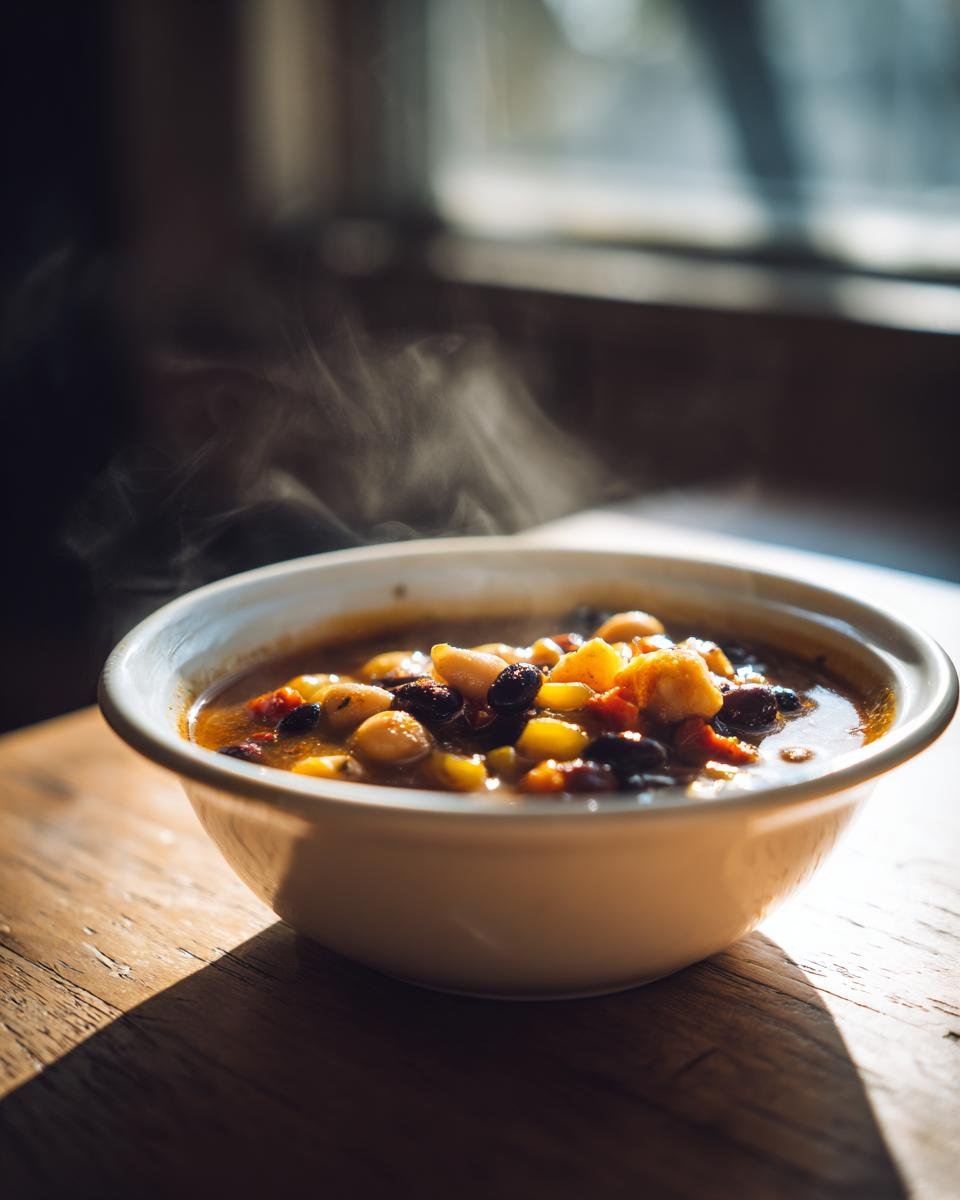 A steaming white bowl filled with a rich, dark stew containing hominy, black beans, and corn, set on a wooden table near a bright window.