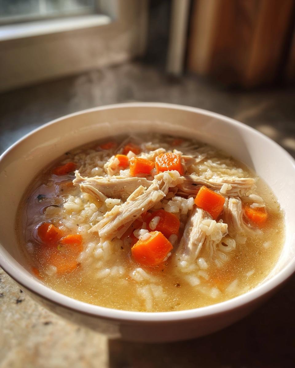 Close-up of a steaming bowl of Souper Rice featuring shredded chicken, white rice, and bright orange diced carrots in broth.