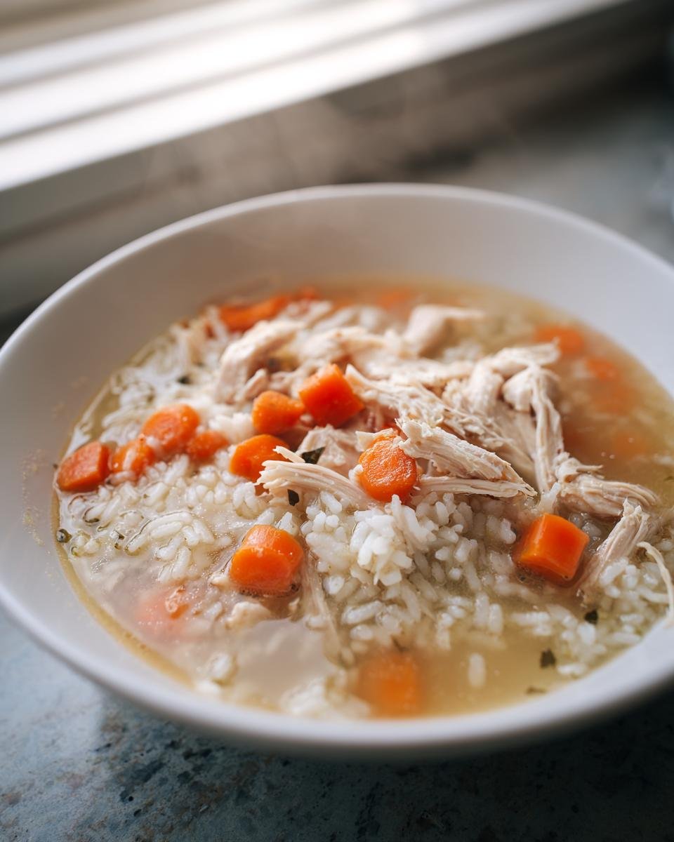 Close-up of a steaming bowl of Souper Rice, featuring shredded chicken, white rice, and bright orange diced carrots in broth.