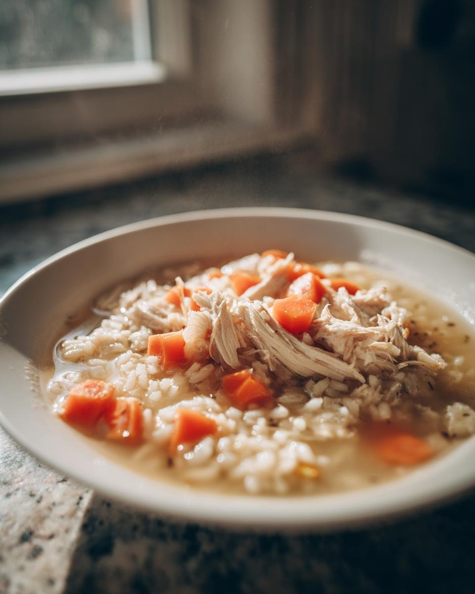 A close-up of a steaming bowl of Souper Rice featuring shredded chicken, white rice, and bright orange carrots in broth.