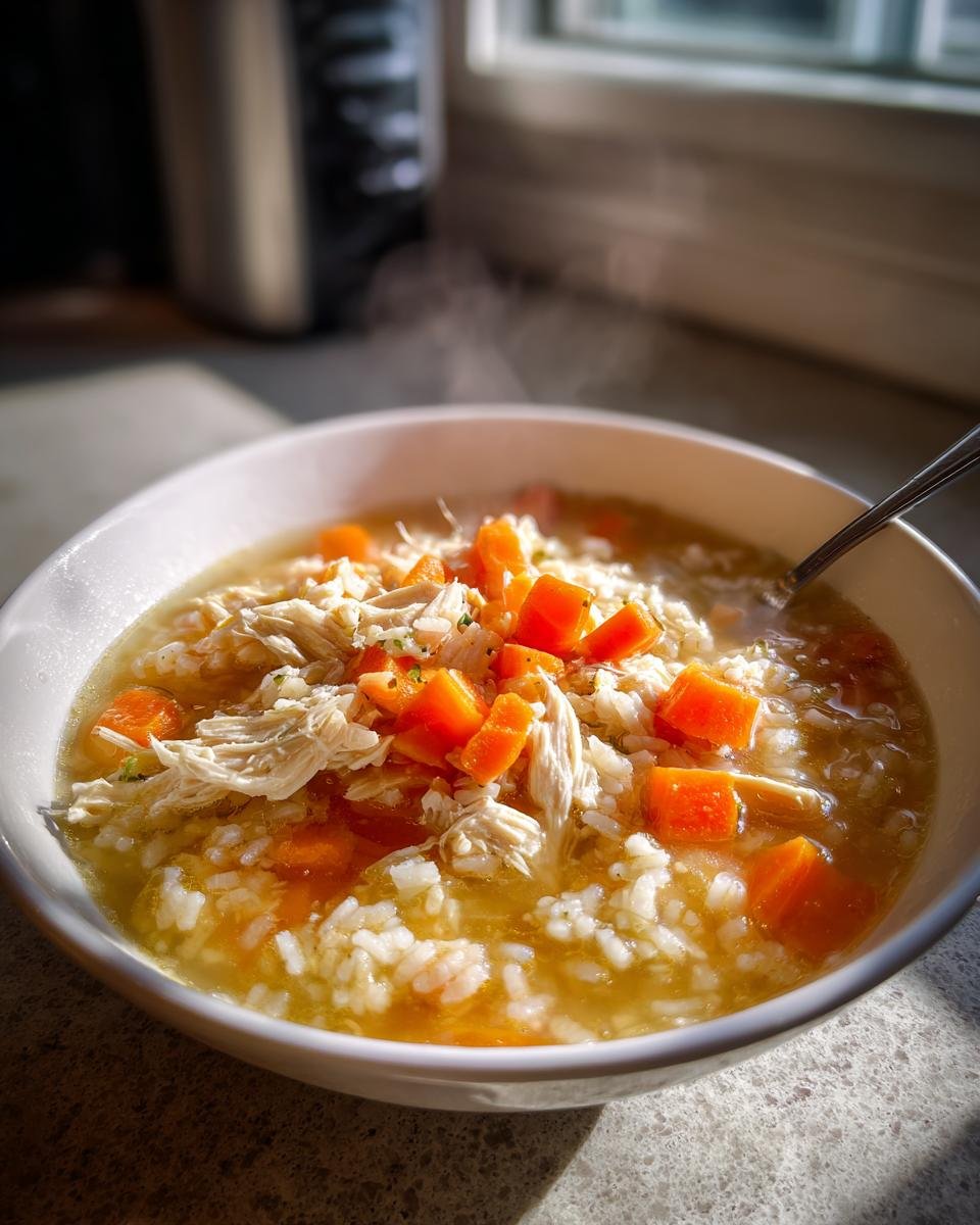 A close-up of a steaming white bowl filled with Souper Rice, shredded chicken, and bright orange carrots in broth.