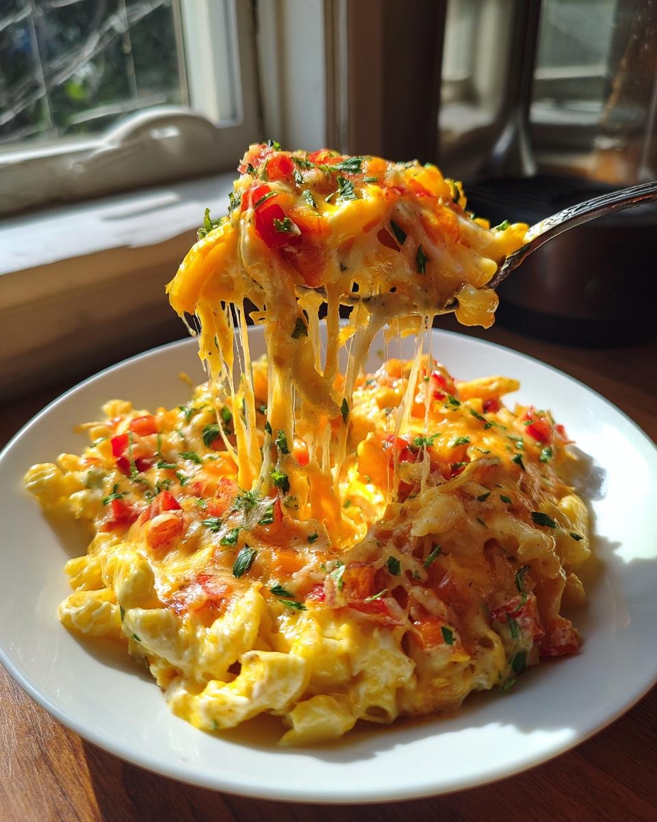 A spoonful of cheesy Mexican Mac And Cheese is lifted, showing long cheese pulls over the main dish.