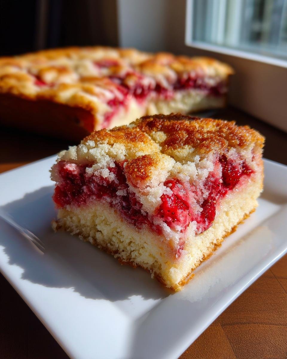 A square slice of Strawberry Cheesecake Dump Cake featuring a moist cake base, bright red strawberry filling, and golden crumb topping.