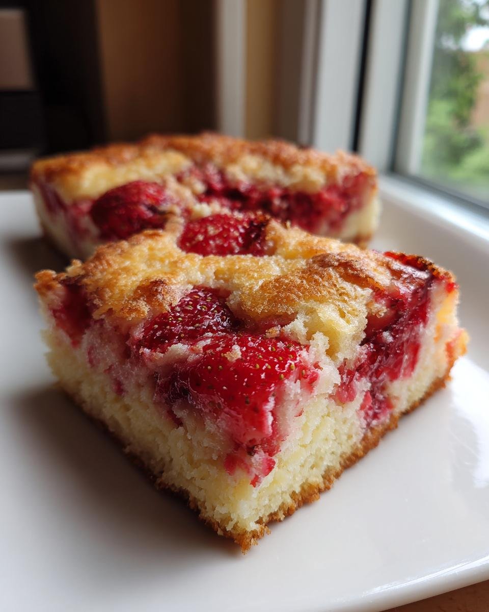 Close-up of a square slice of Strawberry Cheesecake Dump Cake showing moist cake base and bright red strawberries.