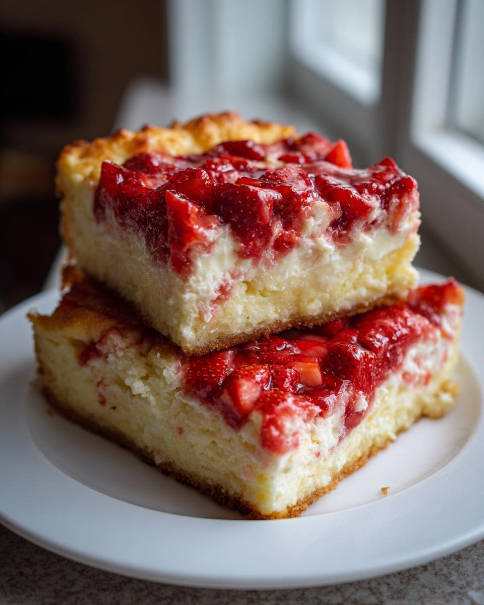 Two squares of rich Strawberry Cheesecake Dump Cake stacked on a white plate, featuring a creamy layer and bright strawberry topping.
