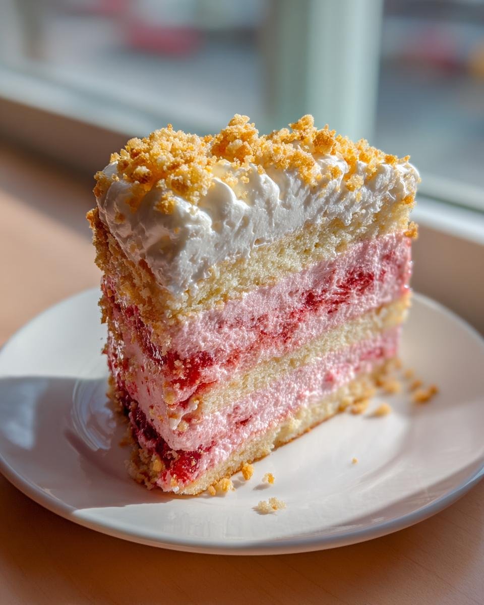 A tall slice of Strawberry Crunch Cake with layers of yellow cake, pink strawberry filling, and whipped cream topping with crunch.