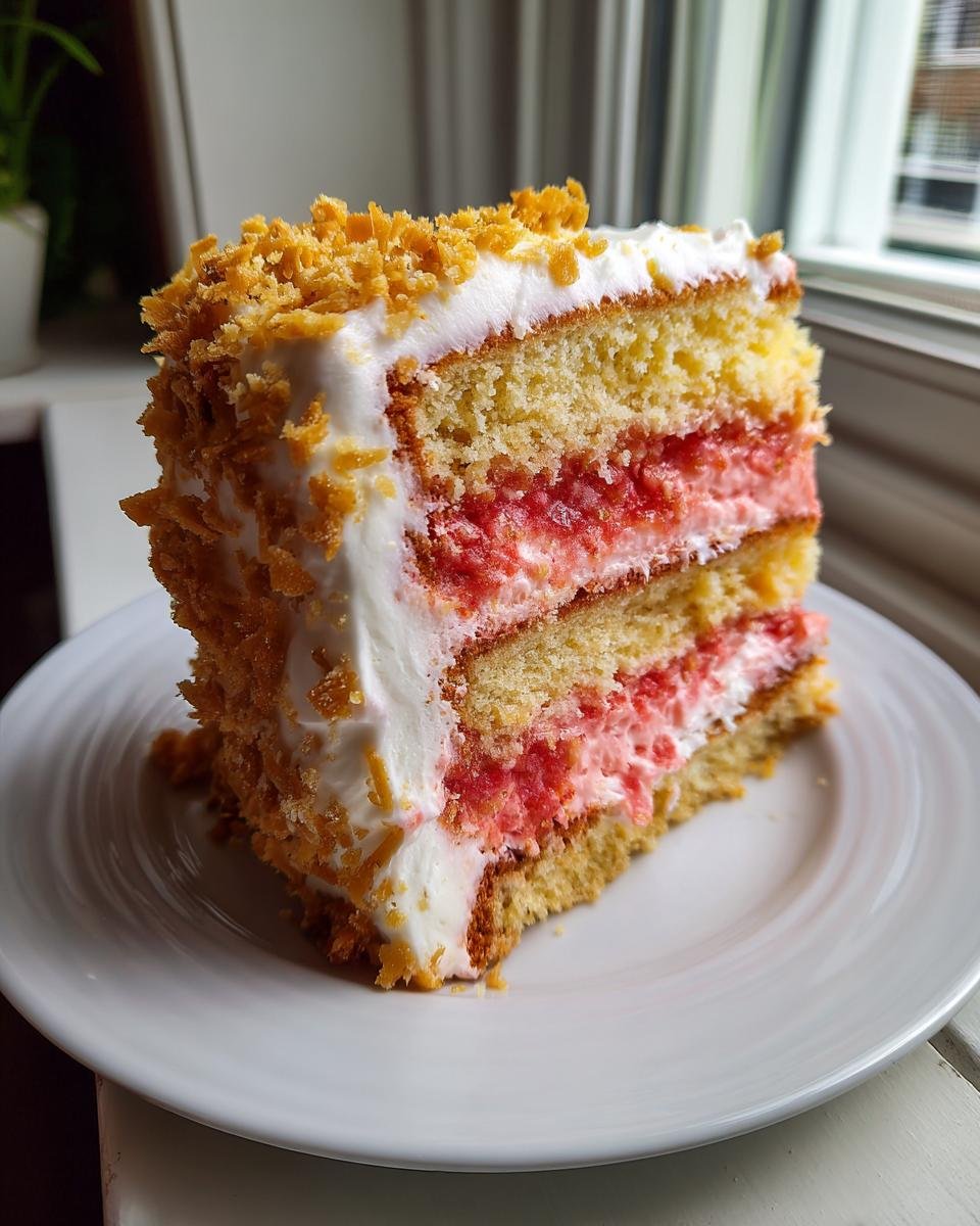 Close-up of a slice of Strawberry Crunch Cake showing layers of yellow cake, pink strawberry filling, and white frosting covered in crunch.