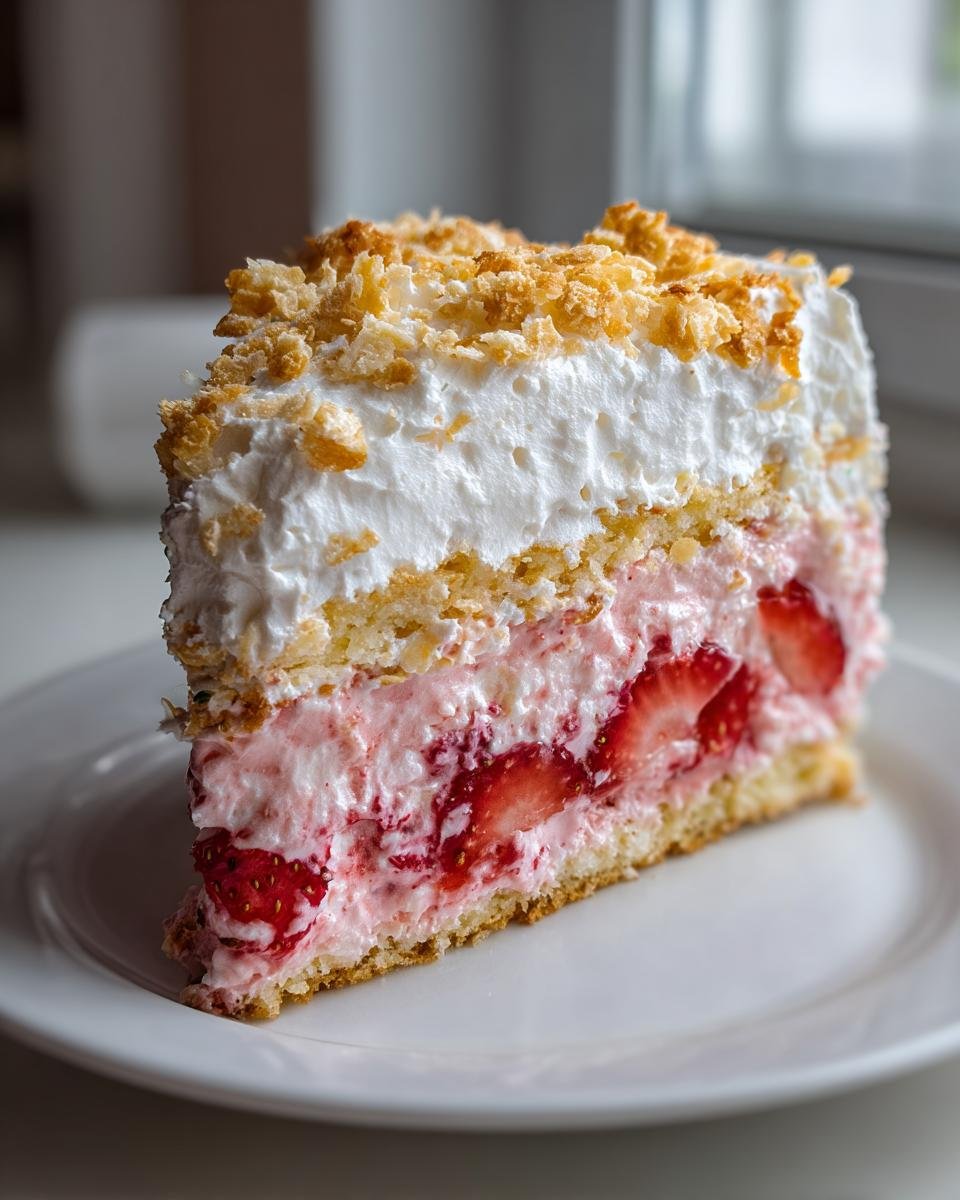 A tall slice of Strawberry Crunch Cake featuring layers of cake, pink strawberry filling, white cream, fresh strawberries, and whipped topping with crunch.