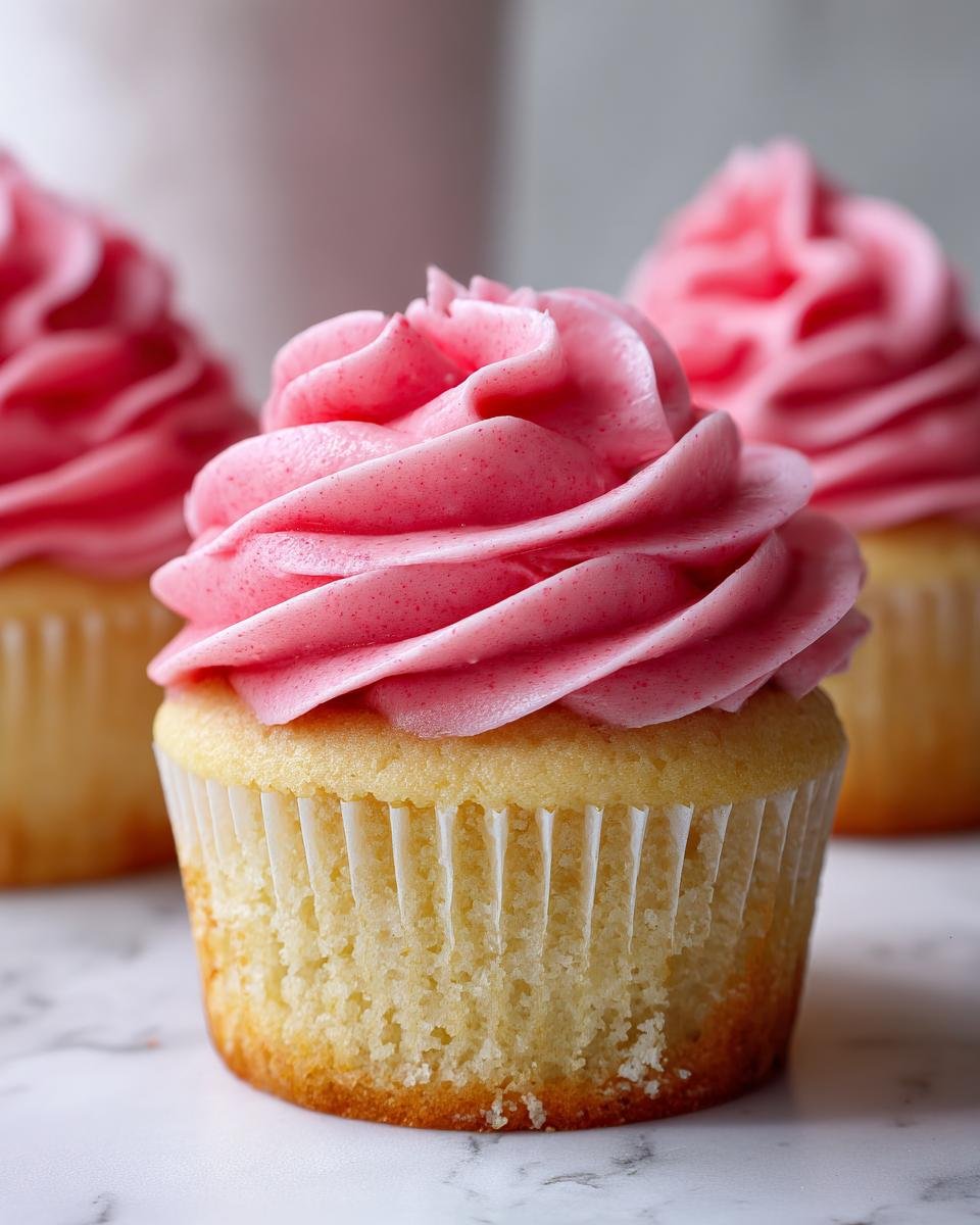 A close-up of a fluffy vanilla cupcake topped with vibrant pink, speckled strawberry frosting. Perfect for amazing 350 calorie Strawberry Cupcakes.