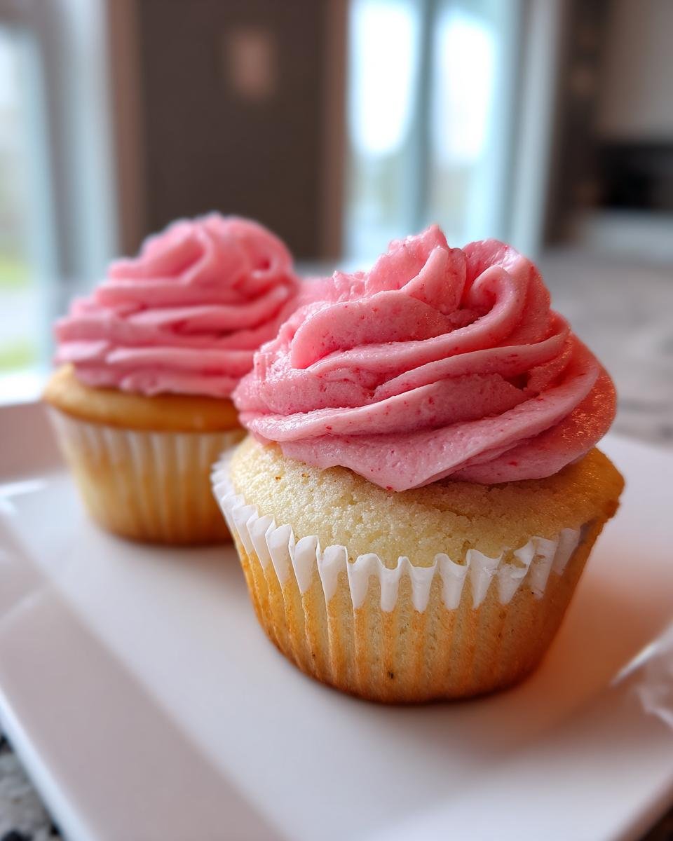 Two delicious Strawberry Cupcakes with tall swirls of bright pink frosting sitting on a white plate.