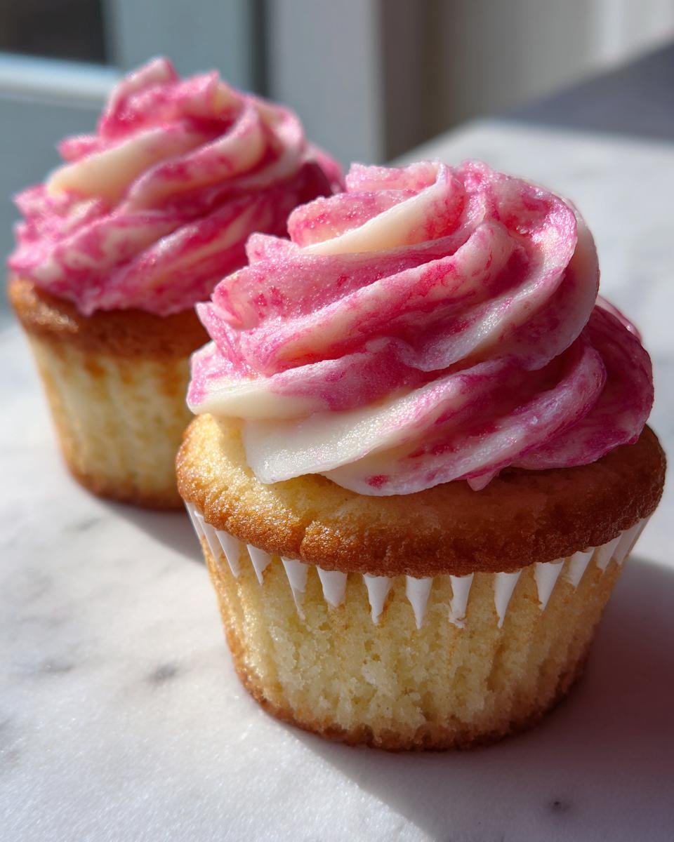 Close-up of two moist vanilla Strawberry Cupcakes topped with white and pink swirled frosting on a white marble surface.
