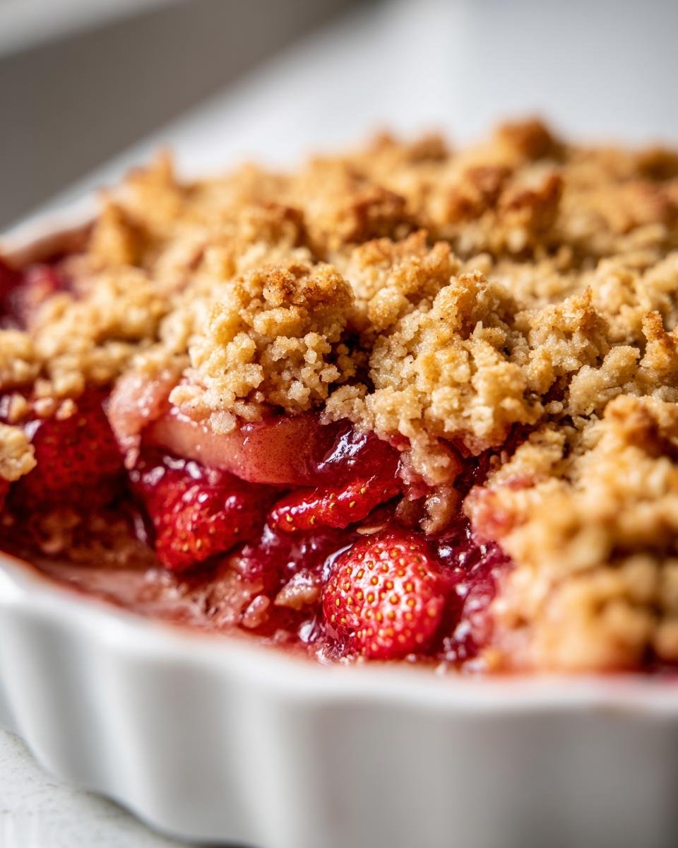 A close-up view showing the juicy strawberry filling and golden, crumbly topping of the Strawberry Rhubarb Crumble.