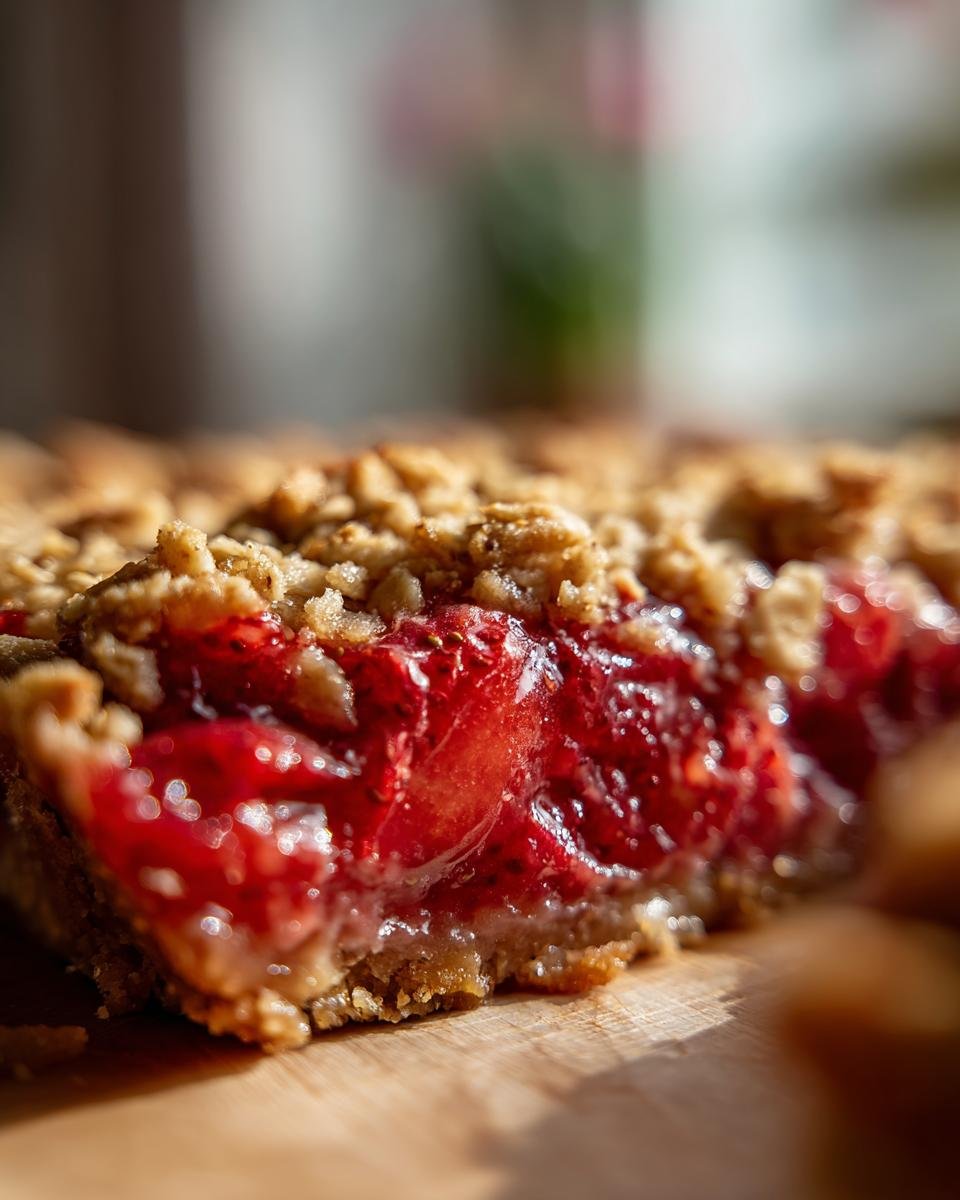 Macro shot showing the juicy, bright red filling of a Strawberry Rhubarb Crumble under a golden, crumbly topping.