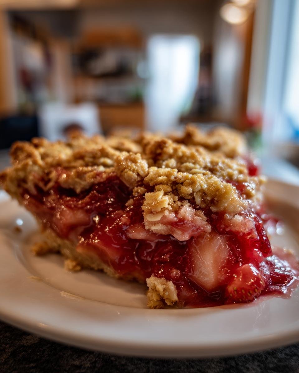 Close-up of a warm slice of Strawberry Rhubarb Crumble showing the bright red fruit filling and crunchy oat topping.