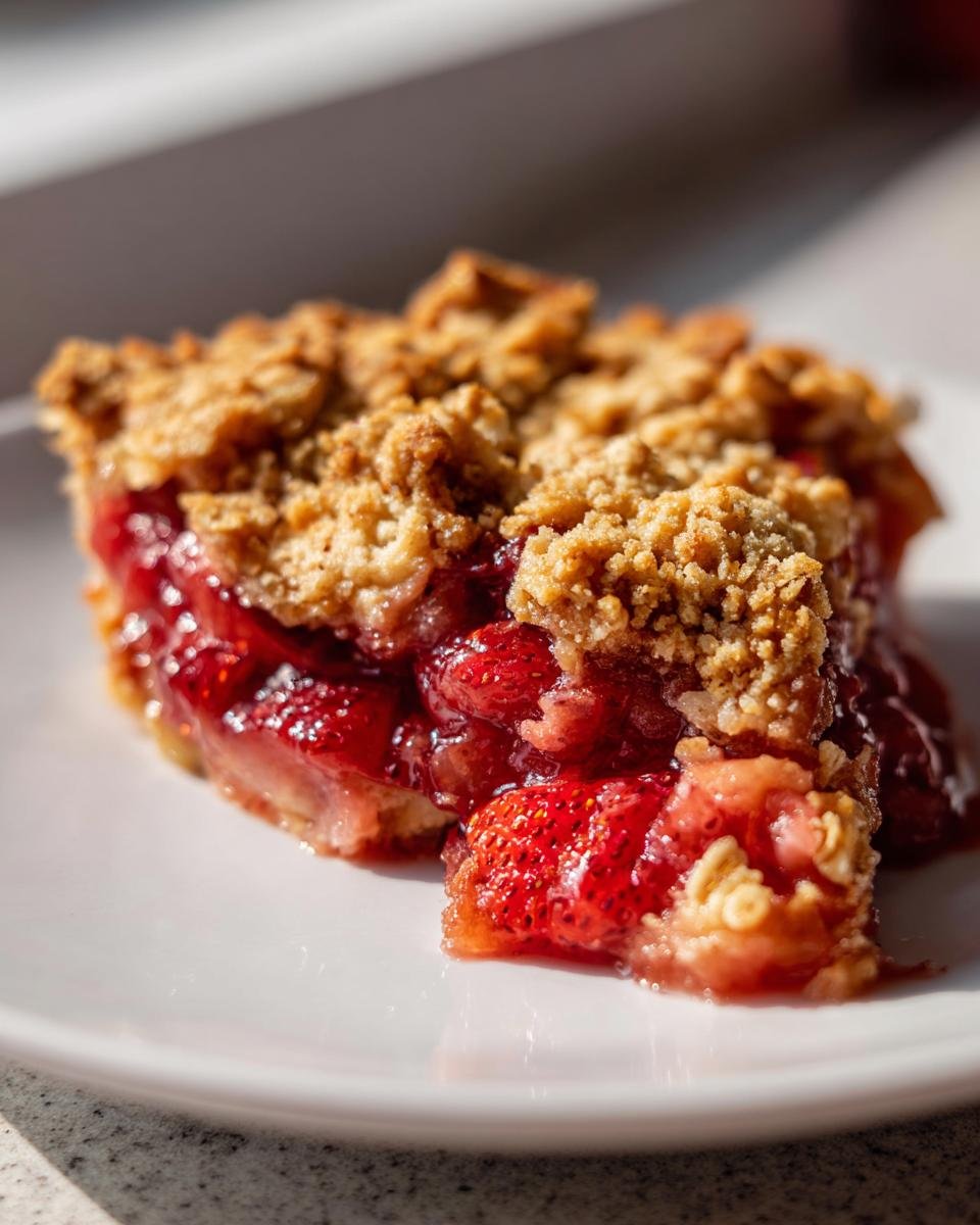 A close-up of a warm slice of Strawberry Rhubarb Crumble showing juicy red fruit and a crunchy oat topping on a white plate.