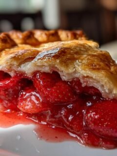 A close-up of a slice of Strawberry Slab Pie showing thick, juicy strawberry filling and flaky golden crust.