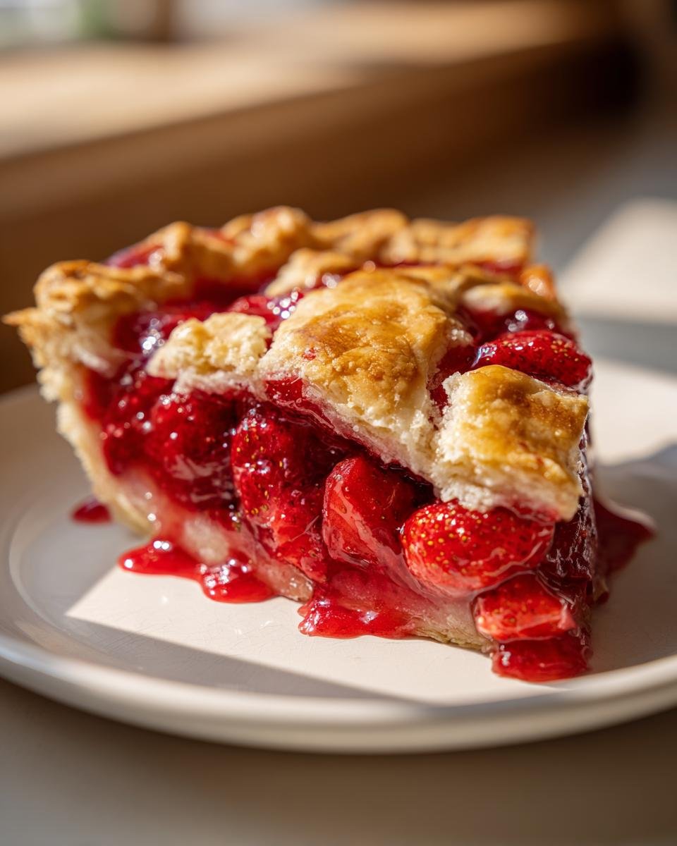Close-up of a juicy slice of Strawberry Slab Pie showing whole strawberries and a golden lattice crust.