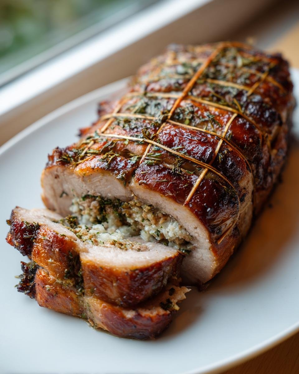 Close-up of a beautifully roasted Stuffed Pork Loin, tied with twine and sliced to show the savory herb and bread stuffing.