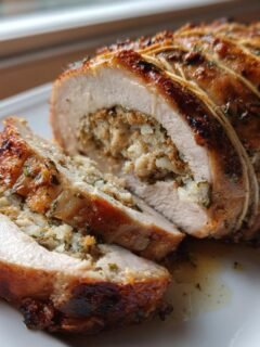 Close-up of a sliced Stuffed Pork Loin roast showing the savory herb and bread stuffing inside.
