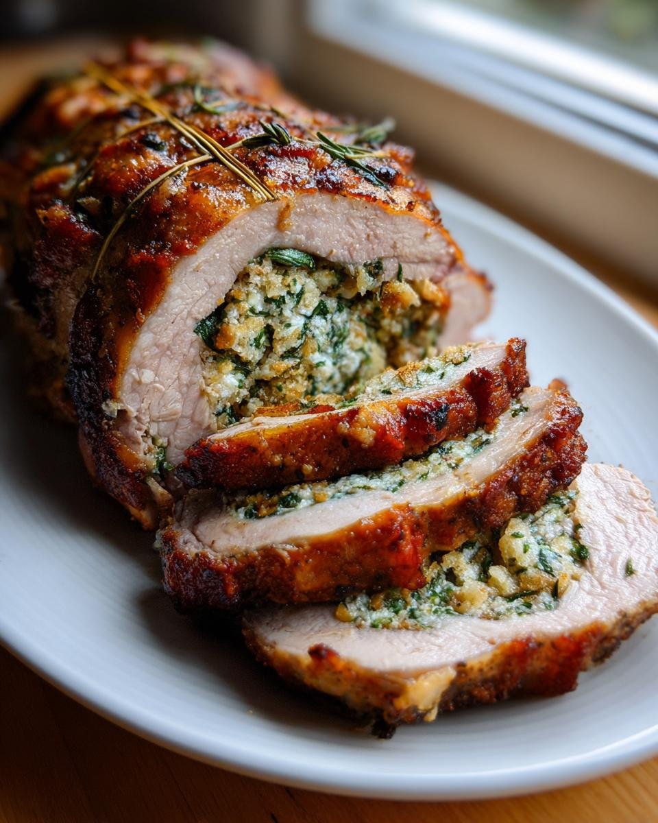 Close-up of sliced Stuffed Pork Loin showing a savory breadcrumb and spinach filling, tied with twine.