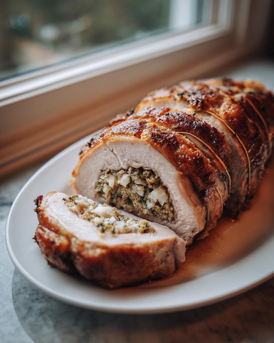 A beautifully roasted and sliced Stuffed Pork Loin showing a savory herb and breadcrumb filling.