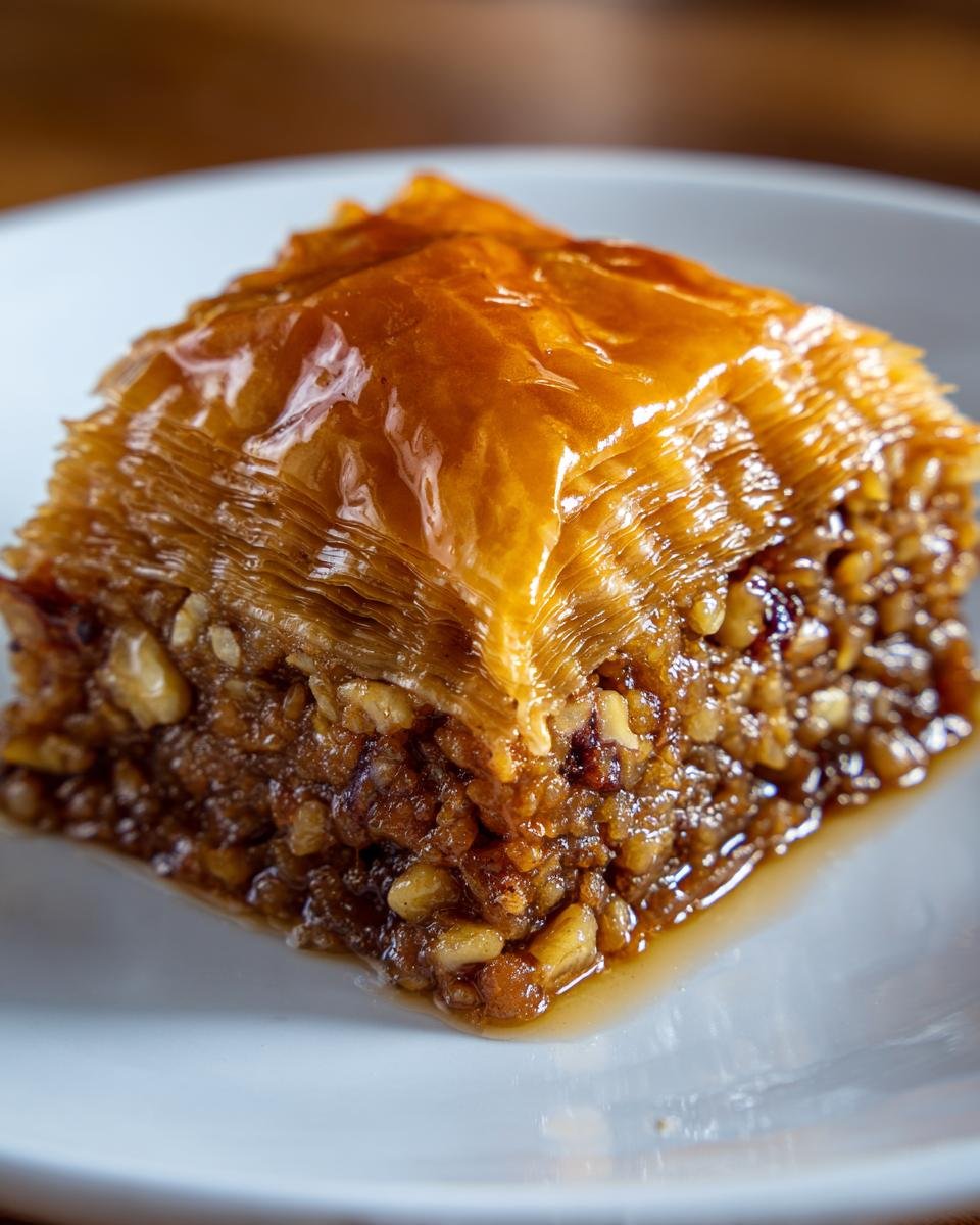 A close-up, macro shot of a single, square piece of glistening Coconut Baklava resting on a white plate.
