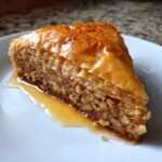 A close-up, triangular slice of glistening Coconut Baklava resting on a white plate with syrup pooling underneath.