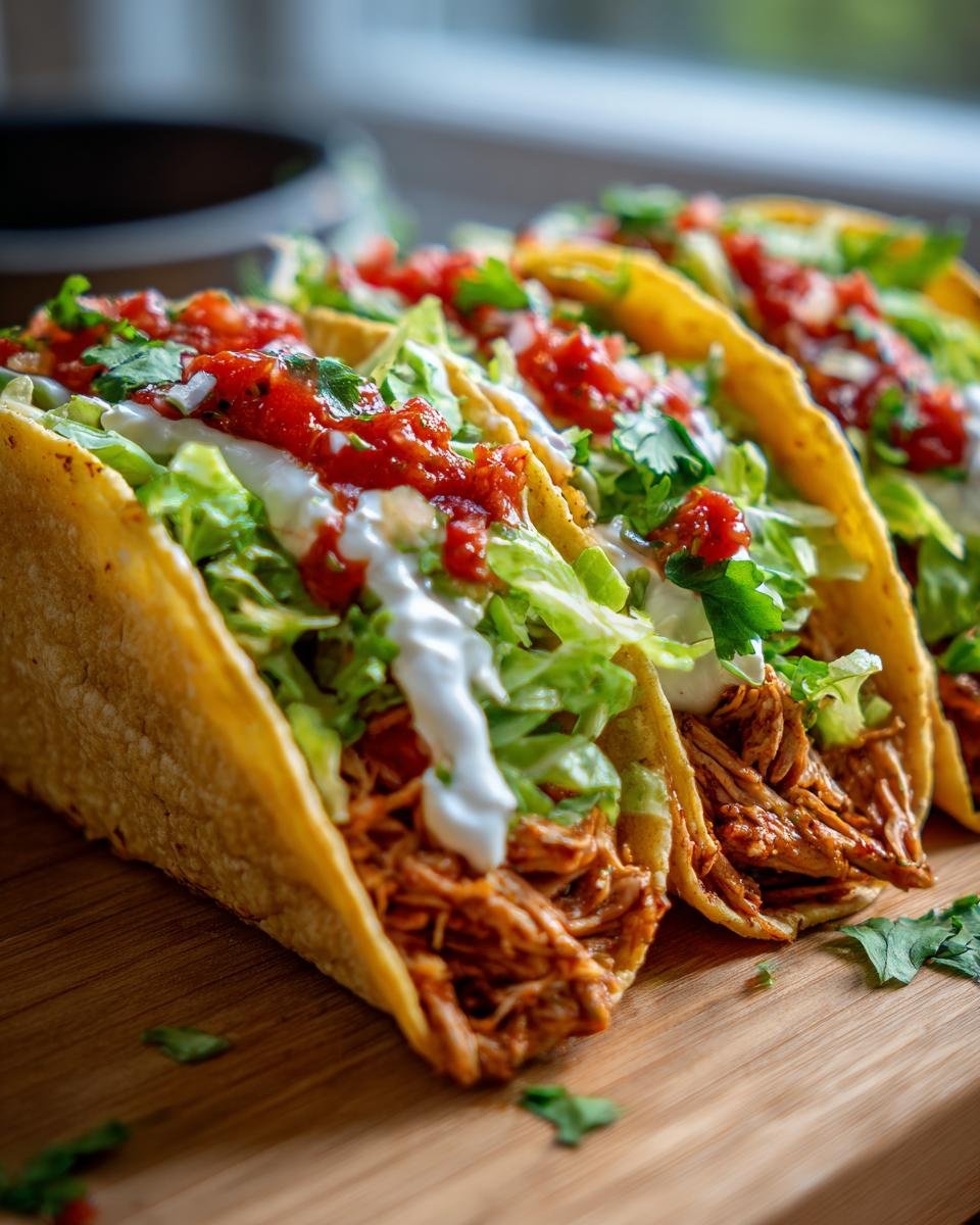 Close-up of three crispy tacos filled with shredded meat, lettuce, salsa, and sour cream, ideal for Street Food Recipes.