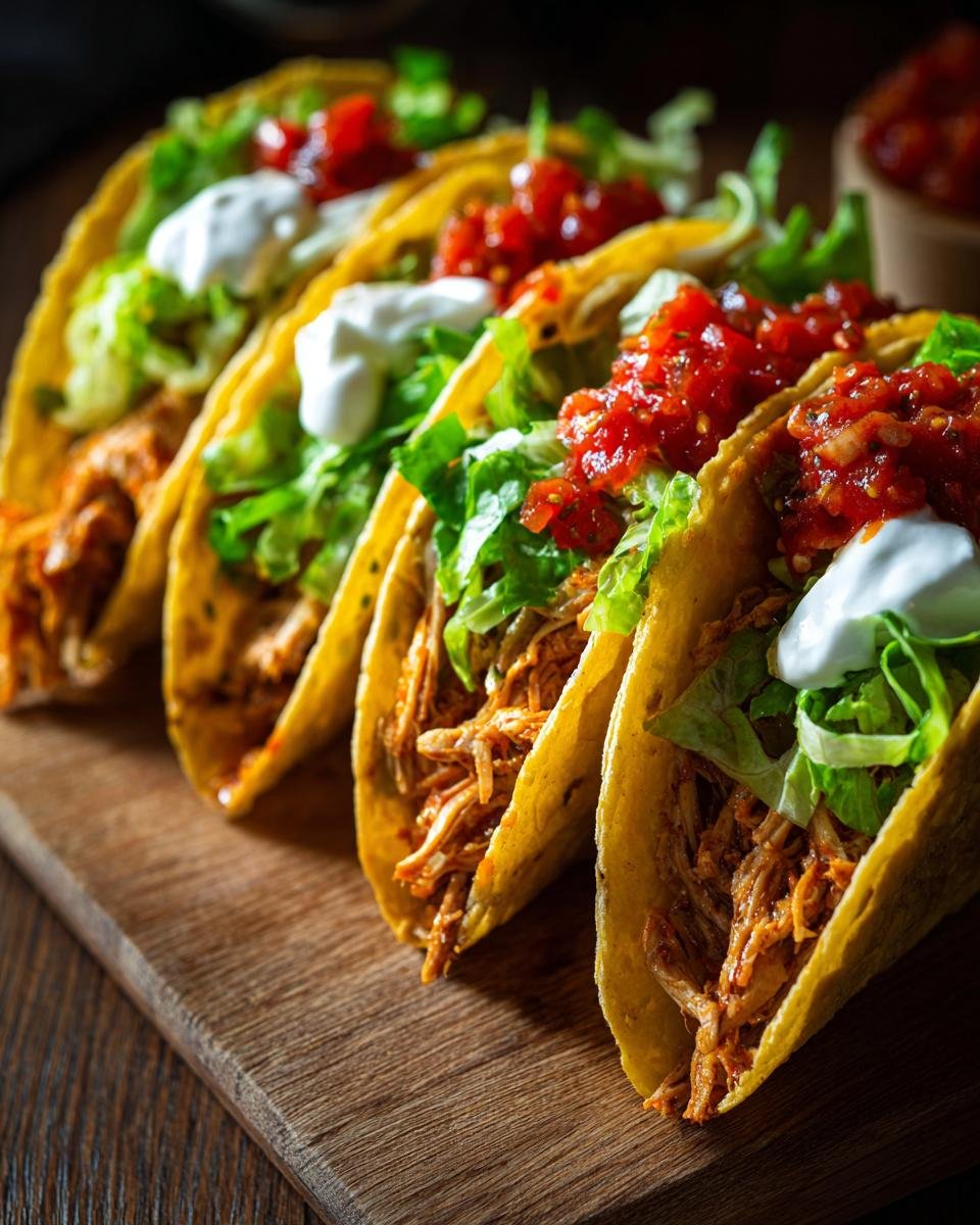 A row of four crispy tacos filled with shredded meat, lettuce, salsa, and sour cream, perfect for Street Food Recipes.