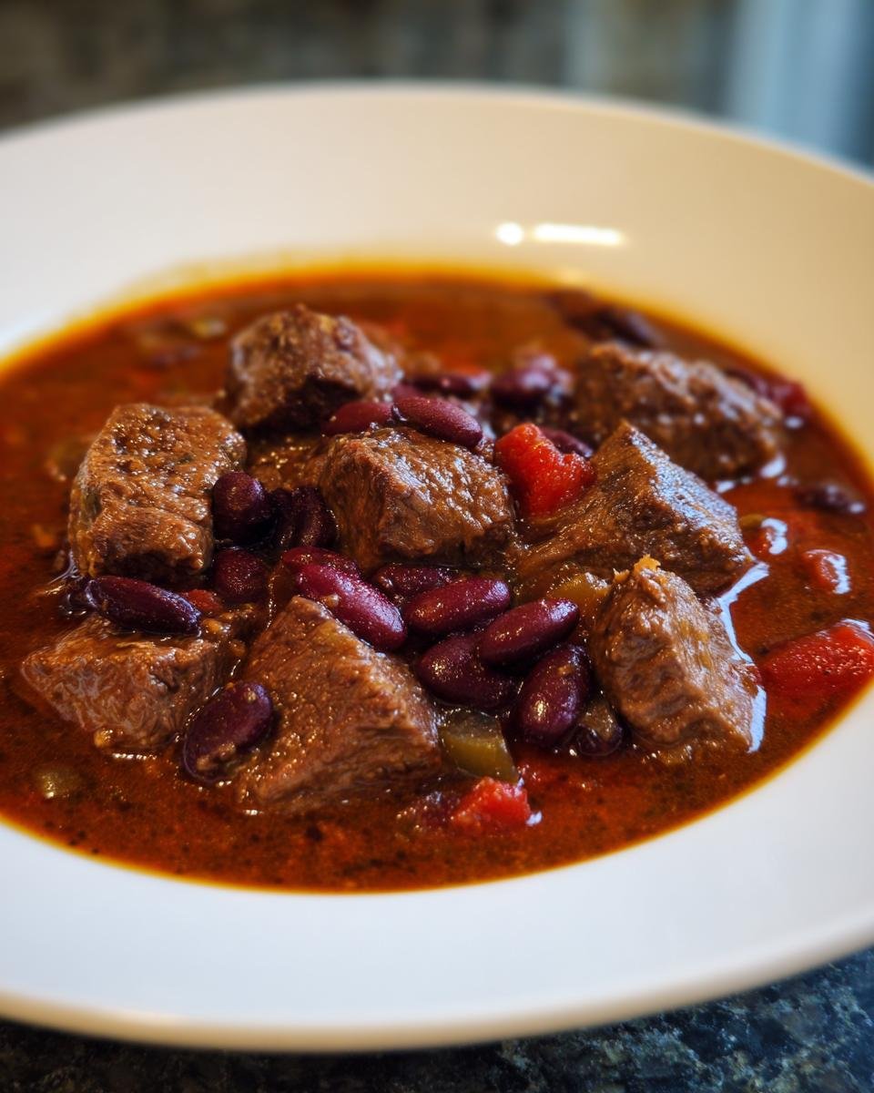 Close-up of a bowl of rich Texas Cowboy Stew featuring large chunks of beef and dark red kidney beans in a savory sauce.