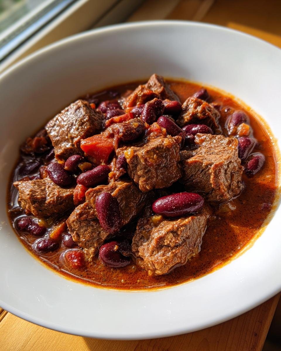Close-up of a white bowl filled with rich Texas Cowboy Stew featuring large chunks of beef and dark red kidney beans in a savory sauce.