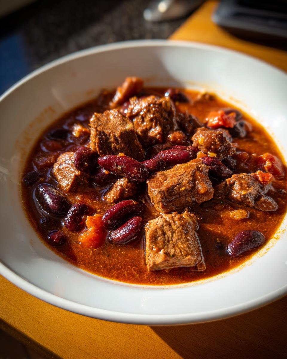 Close-up of a white bowl filled with rich, red Texas Cowboy Stew featuring chunks of beef and dark red kidney beans.